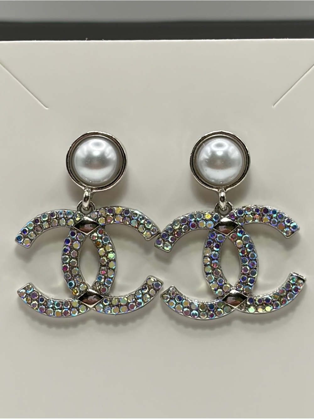 Iridescent Crystal Monogram Drop Earrings - Silver Pearl Accent - Picture 3 of 4